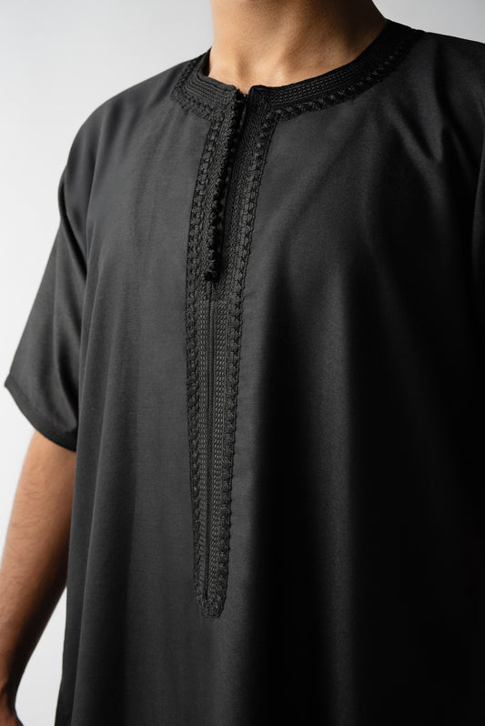 Pure Black Short Sleeve  Moroccan Qamees